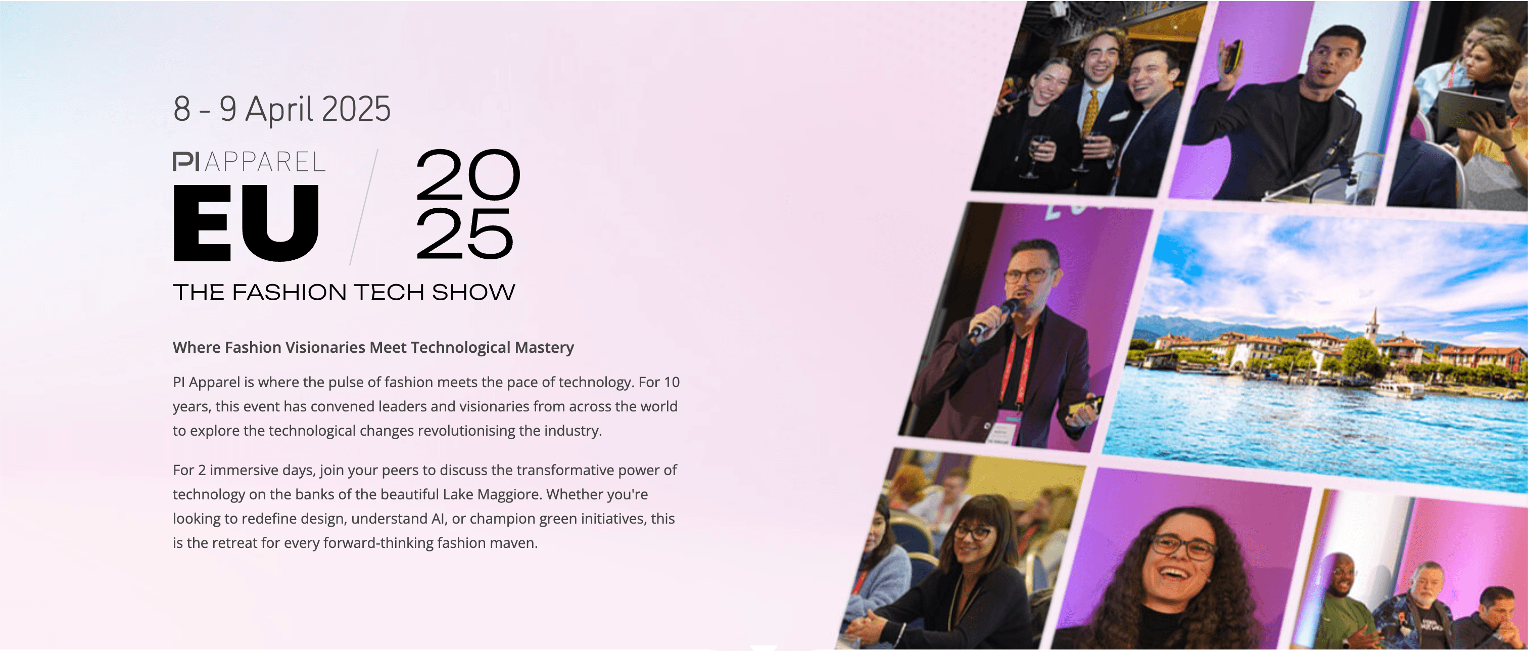 PI Apparel Europe 2025 event banner with dates, logo, and conference photos